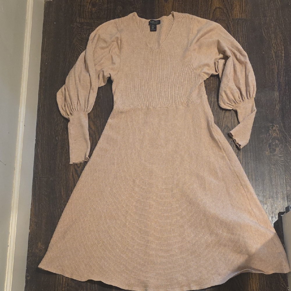 Rachel Zoe Tan Ribbed Puff-Sleeve Midi Dress XL